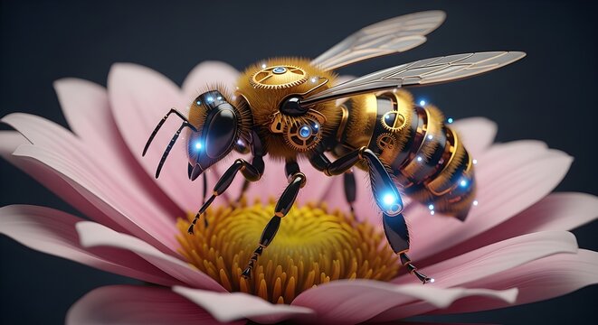 A macro photo of a futuristic robotic bee with glowing lights and visible gears, symbolizing advanced biomimicry and the future of robotics.