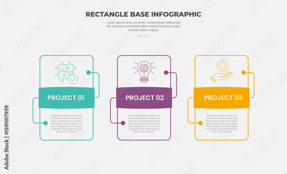 Aufkleber rectangle shape infographic outline style with 3 point template with round box with header title on 