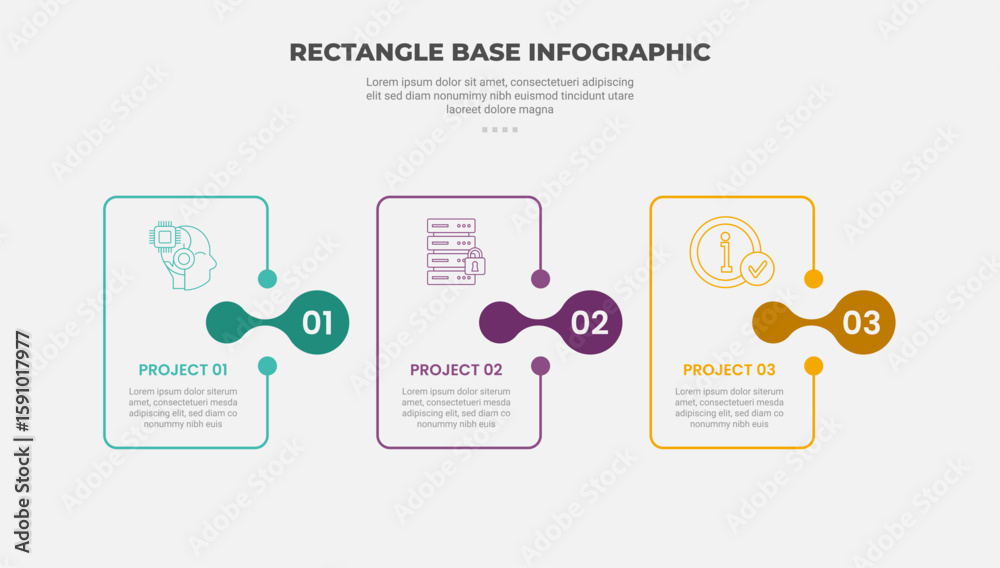 Aufkleber rectangle shape infographic outline style with 3 point template with round box with fluid or liquid 