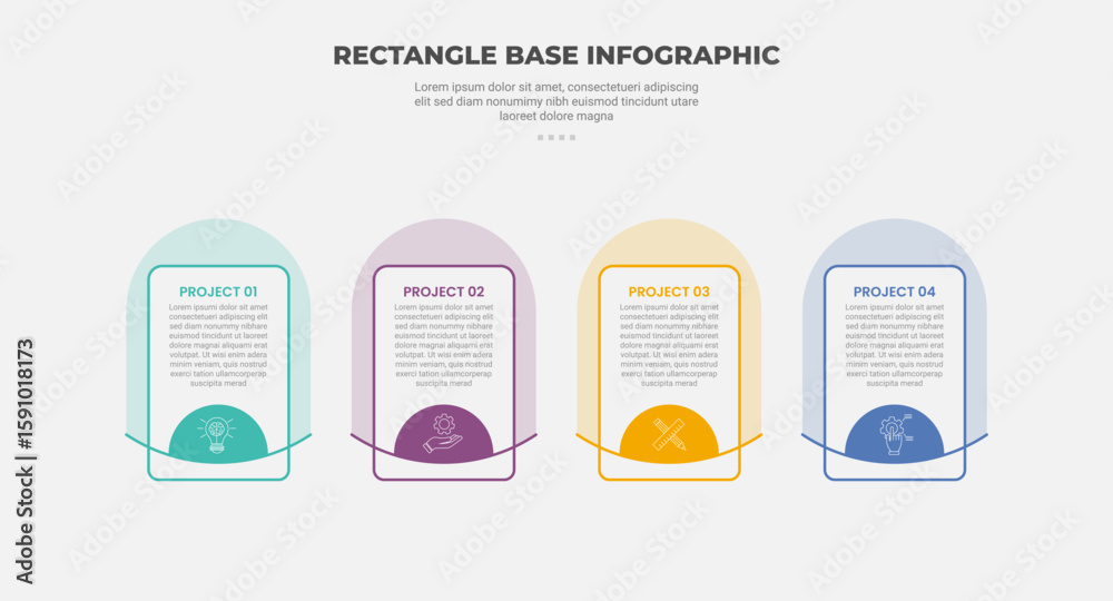 Aufkleber rectangle shape infographic outline style with 4 point template with round rectangle box with half c