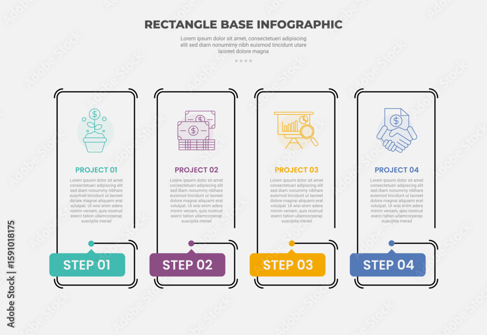 Aufkleber rectangle shape infographic outline style with 4 point template with tall vertical box with header o
