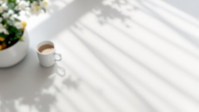 Morning sunlight streams across a white table casting dappled shadows next to a cup of coffee and a potted plant