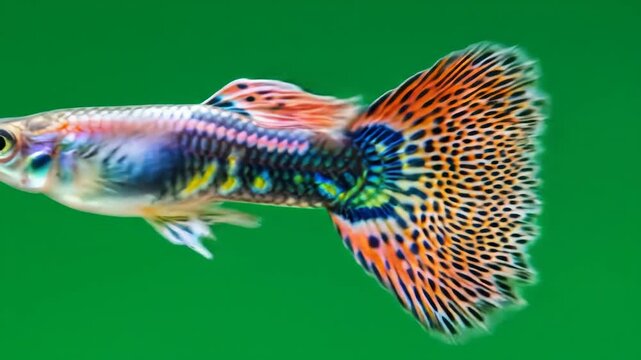 Vibrant Guppy: A Kaleidoscope of Colors in Aquatic Elegance isolated on green screen background, suitable for education.