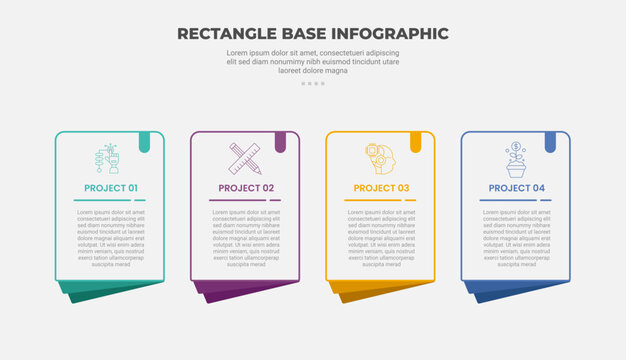 rectangle shape infographic outline style with 4 point template with simple round box with folding paper layer for slide presentation