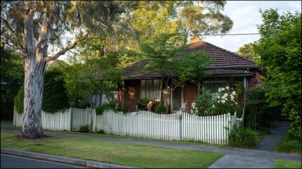 Charming brick house with sloped tiled roof nestled in lush green suburban setting, surrounded by large tree, bushes, flowering plants, white picket fence, warm sunlight, pathway, potted plants, hangi