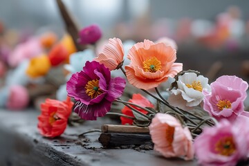A variety of colorful poppy flowers scattered across a wooden battlefield memorial, celebrating resilience and remembrance, particularly during Easter Monday.