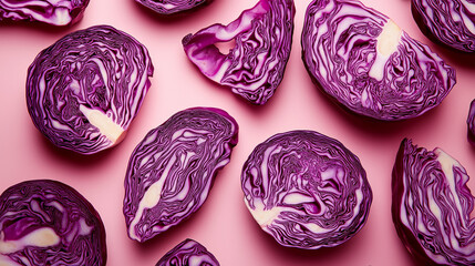 Creative layout made of red cabbage on purple  background. Flat lay. Food concept. Macro  concept