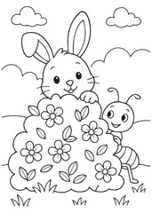 Coloring book bunny hiding behind flowers with an ant peeking. Cute garden scene for kids.