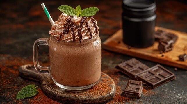 Chocolate milkshake in a glass jar, topped with whipped cream and chocolate drizzle, garnished with mint leaves,  surrounded by dark chocolate chunks and cocoa powder