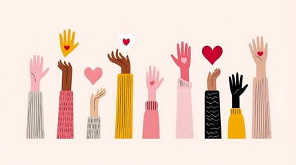 A variety of hands lifting hearts in a minimalist flat style, representing love, solidarity, and compassion in a modern, simplified design.