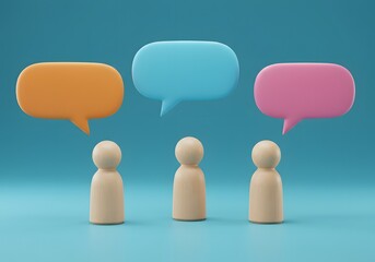 ideas, collaborative discussions. Three wooden figures stand beneath vibrant speech bubbles a blue backdrop, 3D render of three wooden figures standing in front of a blue wall, communication