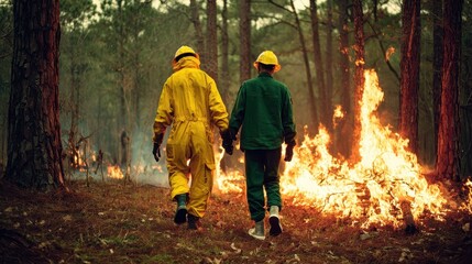 Naklejka premium Two individuals in protective clothing walking through a forest fire.