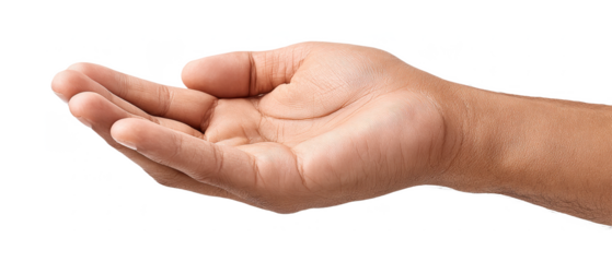 A right hand is extended with fingers slightly curved, palm facing up, as if ready to hold or receive an object.