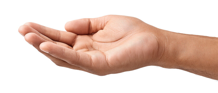 A right hand is extended with fingers slightly curved, palm facing up, as if ready to hold or receive an object.