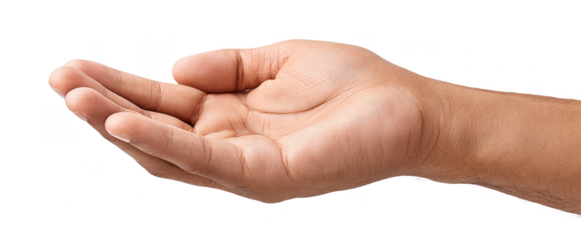 A right hand is extended with fingers slightly curved, palm facing up, as if ready to hold or receive an object.