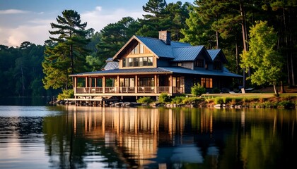 Fototapeta premium Lakeside cabin at golden hour