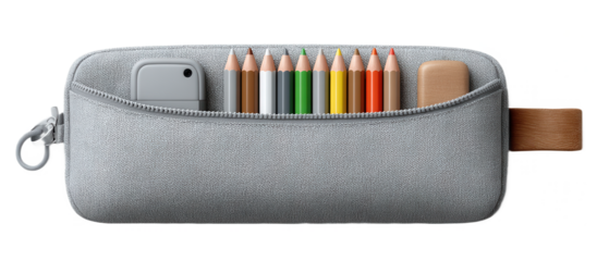 A gray fabric pencil case contains colored pencils, a smartphone, and an eraser, with a leather pull tab on the side.