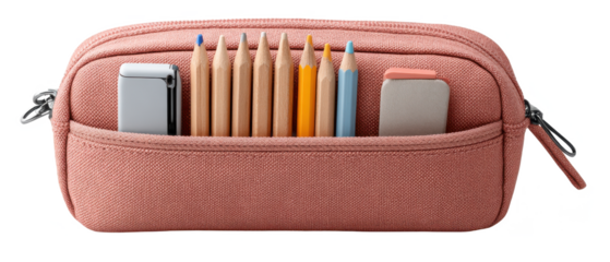 A pink fabric pencil case holding colored pencils, an eraser, a sharpener, and a small silver object.