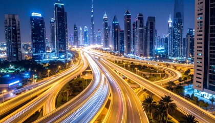 Cityscape at night with illuminated highways