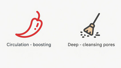 Chili and broom icons represent promoting circulation and deep cleansing of pores, used in body care and pore management scenarios.