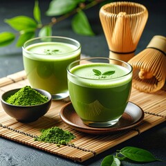 Iced Matcha Drink with Fresh Mint Leaves