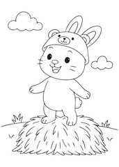 Coloring book page of a bunny in a bear hat standing on straw