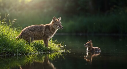 Obraz premium Mother Fox Watching Cub Swimming in Calm Lake Waters