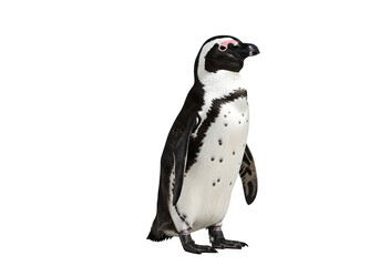 Fototapeta premium African penguin standing upright with black and white plumage and distinctive facial markings, isolated on white or transparent background. PNG