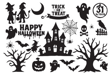 halloween ghost silhouette bundle, halloween ghost black vector bundle, set of halloween icons. Collection set of halloween icons. Halloween silhouette elements vector. silhouettes of Halloweens eps10