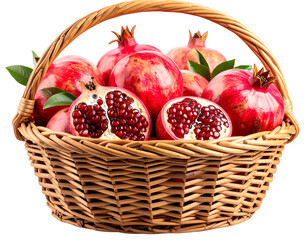  Wicker Basket of Whole and Cut Pomegranates Isolated PNG