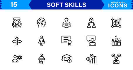Soft Skills Icon Set Featuring Communication, Teamwork, Leadership, and Emotional Intelligence in Clean Vector Style