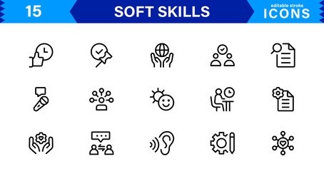Soft Skills Icon Set Featuring Communication, Teamwork, Leadership, and Emotional Intelligence in Clean Vector Style
