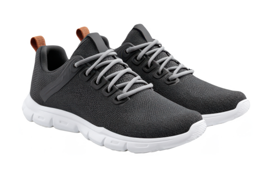 A pair of gray athletic sneakers with white soles and laces, featuring a knit texture and brown pull tabs on the heel.