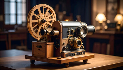 Fototapeta premium Antique Movie Projector on Wooden Table