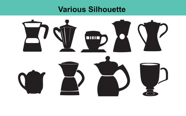 Various Silhouette: Black and White Vector Graphics of Coffee Makers, Moka Pots, Teapots, and Coffee Cups for Design and Illustration Projects