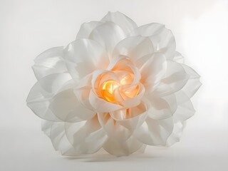 Obraz premium Delicate white flower-shaped lamp with soft glowing light in the center, creating a peaceful and elegant atmosphere for spa, interior design, meditation spaces, or minimalist home decor backgrounds