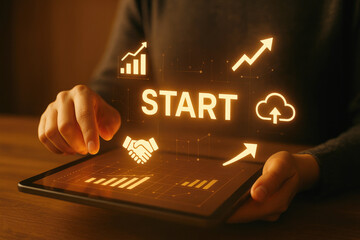 Glowing Startup Interface With Growth Icons technology digital
