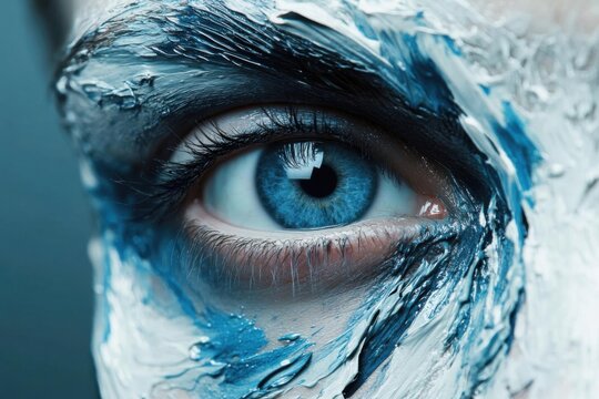 Abstract Blue Eye Portrait with Artistic Paint strokes and Bright Colors.