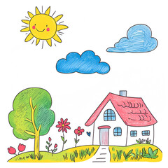 Colorful illustration of a cheerful house surrounded by vibrant flowers, a sunny sky with smiling sun, and fluffy clouds, creating a joyful and inviting atmosphere in a whimsical landscape