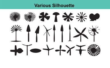 Black and White Silhouette Vector Graphics: Assorted Designs of Abstract Shapes, Flowers, Wind Turbines, and Geometric Icons for Design Elements