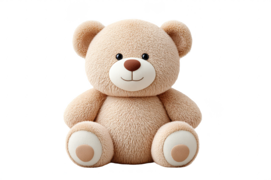 A cute, plush teddy bear with round ears, a smiling face, and soft textured fur sitting upright.