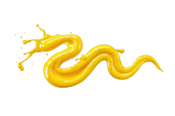 A stylized, yellow, serpentine creature, resembling a dragon or serpent, is depicted in motion
