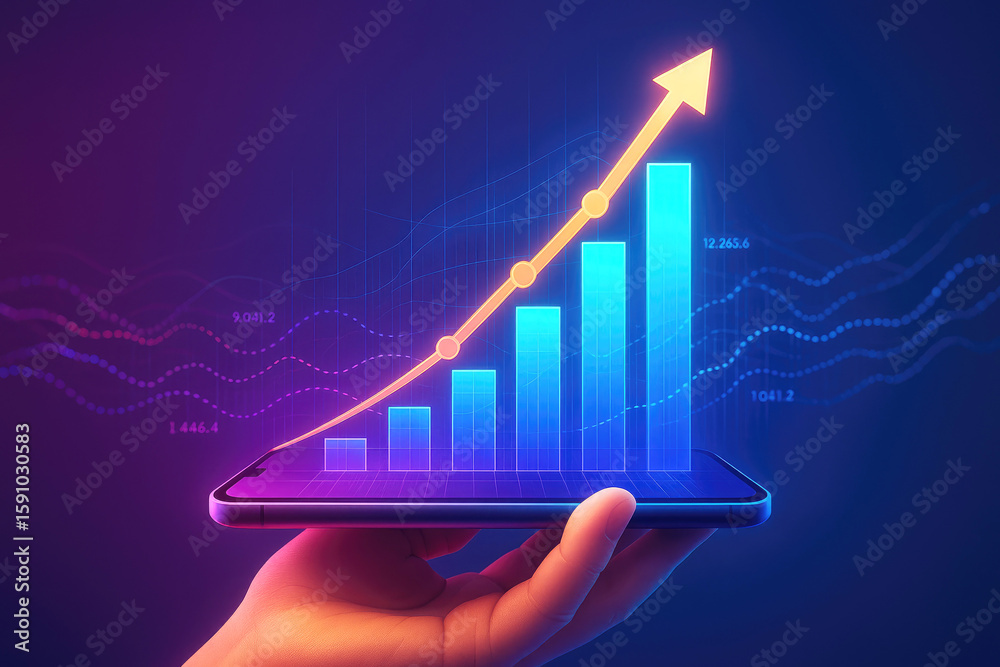 Poster hand holding smartphone displaying upward trending bar graph and data lines image