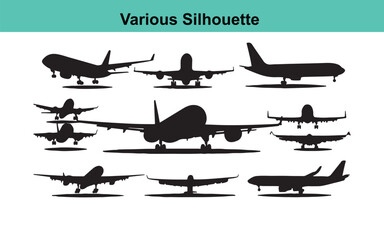 Airplane Silhouette Vector Set: Commercial Aviation Graphics, Jet Plane Outline Illustrations for Design Projects and Transportation Themes