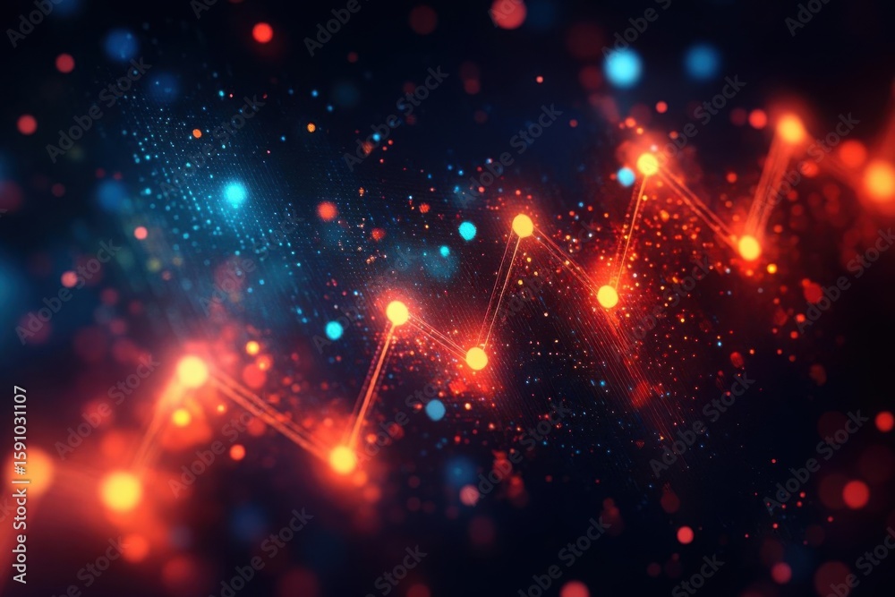 Poster analyze data points with glowing connections, visualization theme and networking