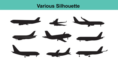 Airplane Silhouette Vector Graphics: Collection of Various Commercial Aircraft, Jet Liners, and Aviation Transportation Silhouettes