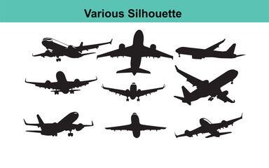 Airplane Silhouette Vector Graphics: Collection of Various Aircraft Silhouettes for Design Projects and Creative Applications