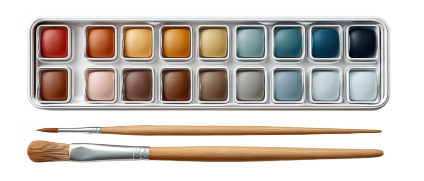 A watercolor paint palette with 24 assorted earth-tone and blue shades, accompanied by two wooden-handled paintbrushes with different brush shapes.