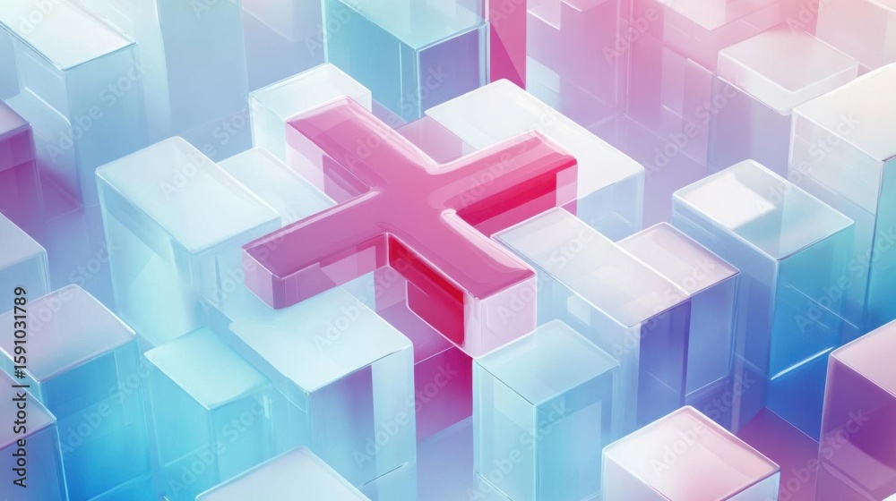 Poster abstract composition with cubes and symbol in gradient color palette