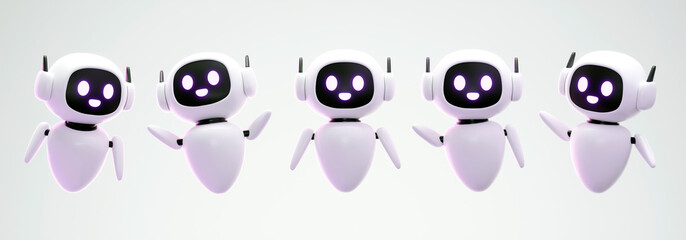 Set of 3D Neural network chat bot isolated in black background. AI servers technology. Help assistance, artificial intelligence support device. Smart robotics render. 3D illustration.